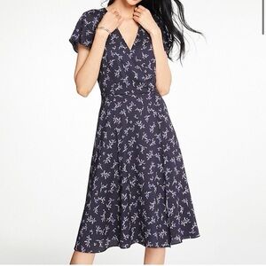 Ann Taylor Women's Tall Floral Faux Wrap Dress Size 14 Navy Blue